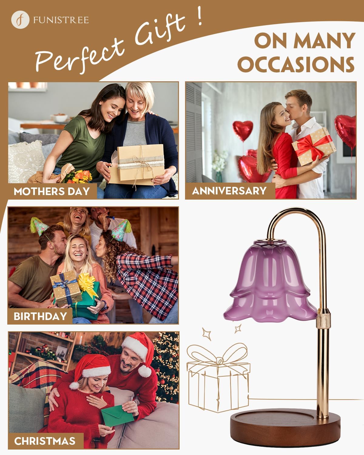 Purple Candle Warmer Lamp with Timer & Dimmer, Adjustable Height Birthday Gifts for Women Mom, Flower Candle Lamp Warmer, Wax Warmer with 2 Bulbs, House Warming New House Decorations