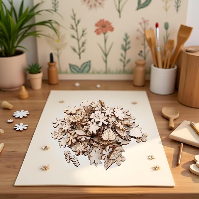 100 Pcs Unfinished Wooden Flower Wood Slice Leaf Pattern Cutouts Wood Pieces