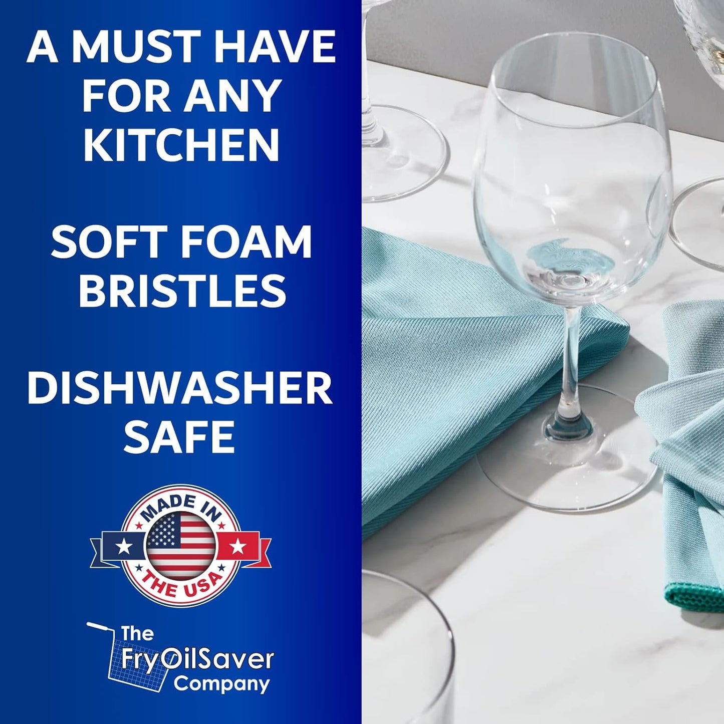 Set of 3 Glassware Cleaning Brush Kit - Non-Scratch, Foam Wine Glass Cleaning Brush Set for Glassware, Decanter, Mug, Stemware - for Home, Restaurant, Bar, Hotel - by FryOilSaver Co.