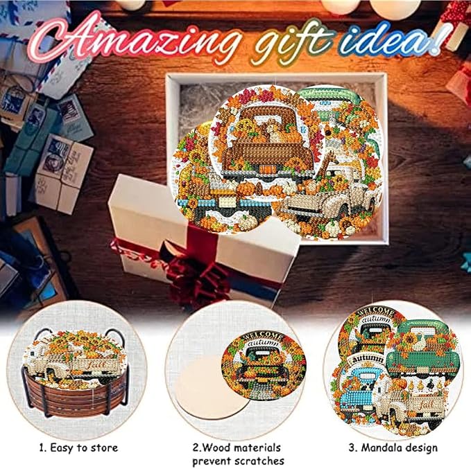 8 Pack Diamond Art Coasters, Autumn Truck Diamond Painting Coasters Kits | Fall