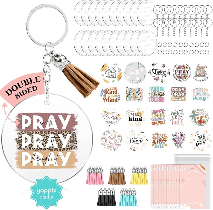 YOPPIX 140 PCS Acrylic Keychain Blank Set, Faith Double-Sided UV DTF Stickers