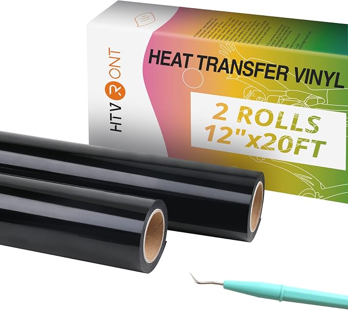 HTVRONT Heat Transfer Vinyl Black HTV Rolls, 2 Rolls 12" x 20ft | Black Iron on