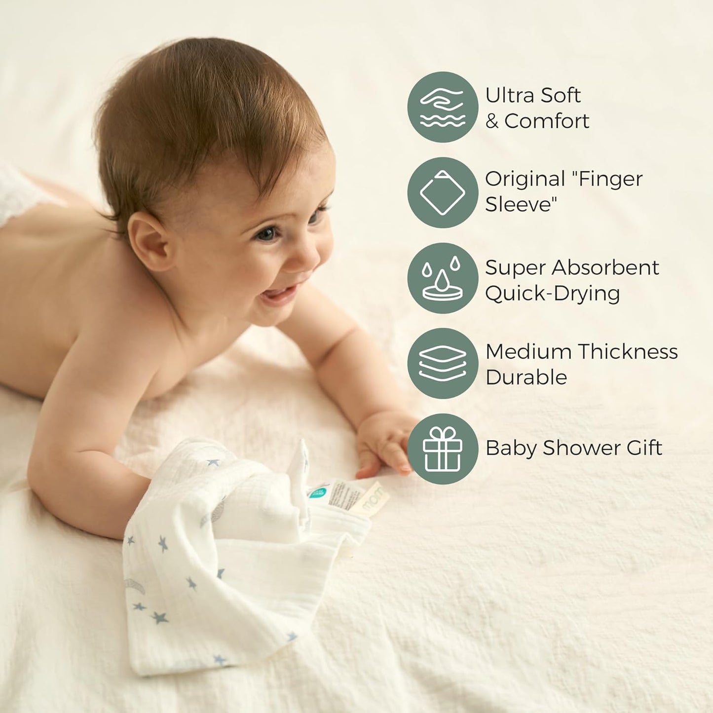 Momcozy Soft & Absorbent Baby Washcloths - 4 Layer Design| Medium Thickness| Premium Cotton for Newborns' Skin-Great for Bathing, Wiping & on-The-go Use, Shower Gift and Essential(5 Pack, 10x10 inch)