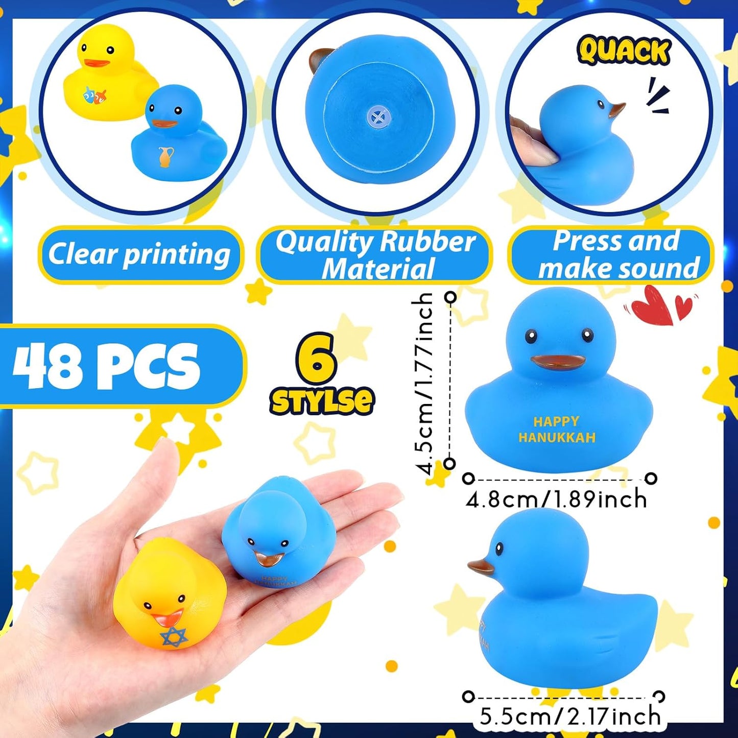 Deekin 48 Pcs Hanukkah Rubber Ducks Squeaky and Floating Rubber Ducks Dreidel Menorah Bathtub Hanukkah Decorations for Party Supplies Favors Holidays Birthday Gifts (Cute)