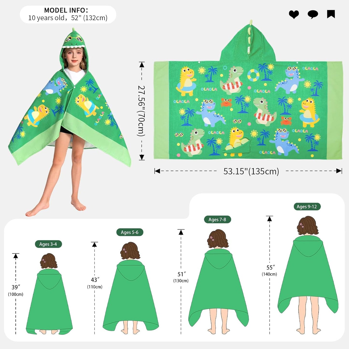 OLAOLA Dinosaur Beach Hooded Towel for Kids 3-12 Years, Soft Thick Absorbent Beach Towels, Toddler Bath Towel Wrap 28" x 53", Swim Pool Towels Poncho for Boys Girls