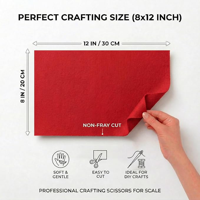 Soft Red Felt Fabric Sheets for Crafts, 8 x 12 Inch Felt Squares, Patchwork and
