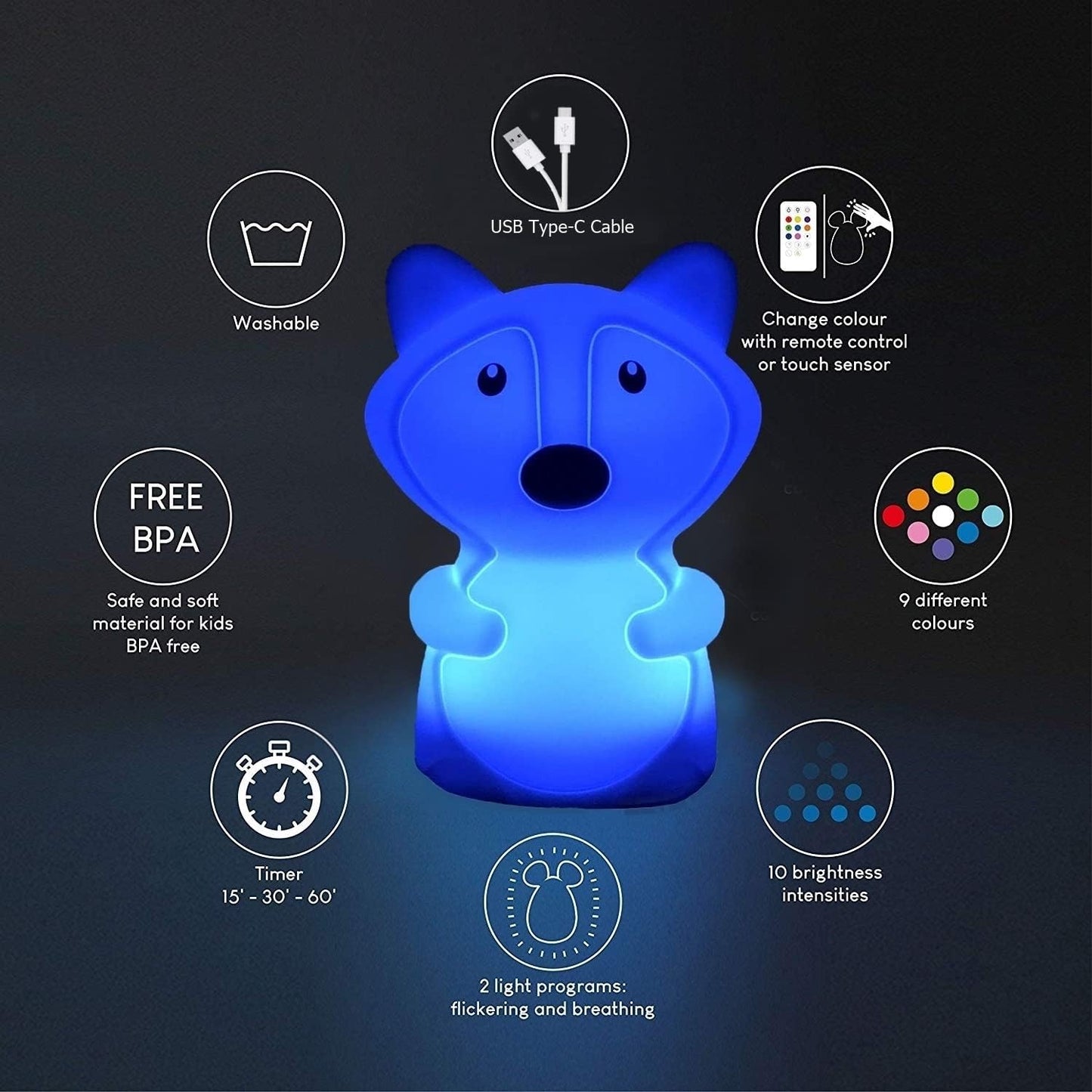 Fox Night Lights Bedside lamp, Bedroom Light for Kids, Baby Nursery lamps - Break Resistant, Eye Caring, Adjustable Brightness & Color and Time Setting, Gifts for Kids Babies Boy Girl - Medium