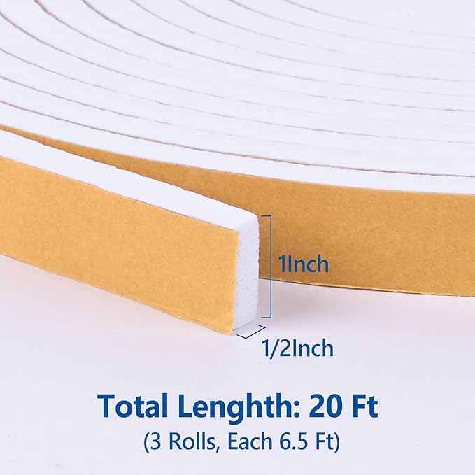 Kikerike Self Adhesive Foam Tape Weatherstrip 1in x 1/2in x 20Ft High Density