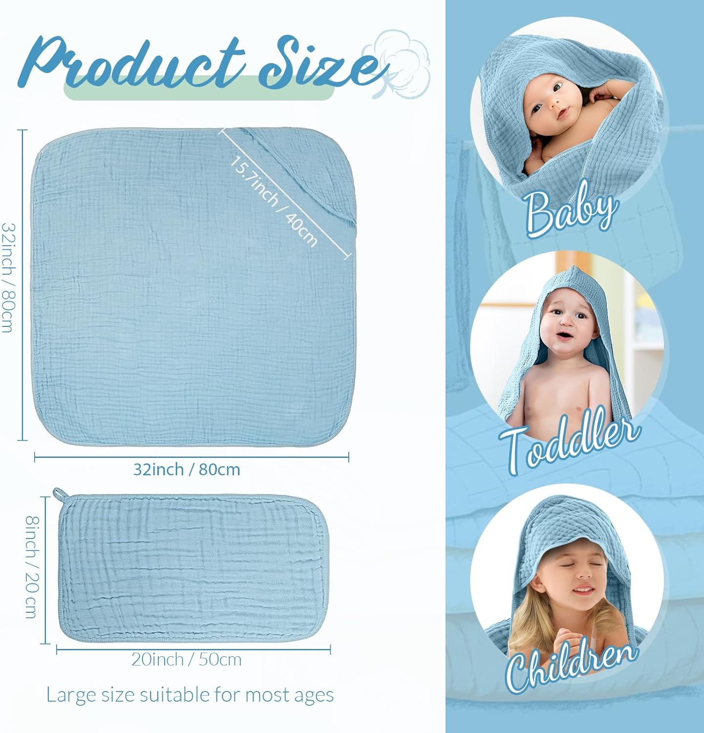 VitalCozy 12 Pcs Baby Muslin Hooded Bath Towels and Washcloths, 32 x 32 Inch Muslin Cotton Hooded Baby Towels Absorbent Hooded Blankets for Gift Newborn Infant Shower (Green Blue Gray)