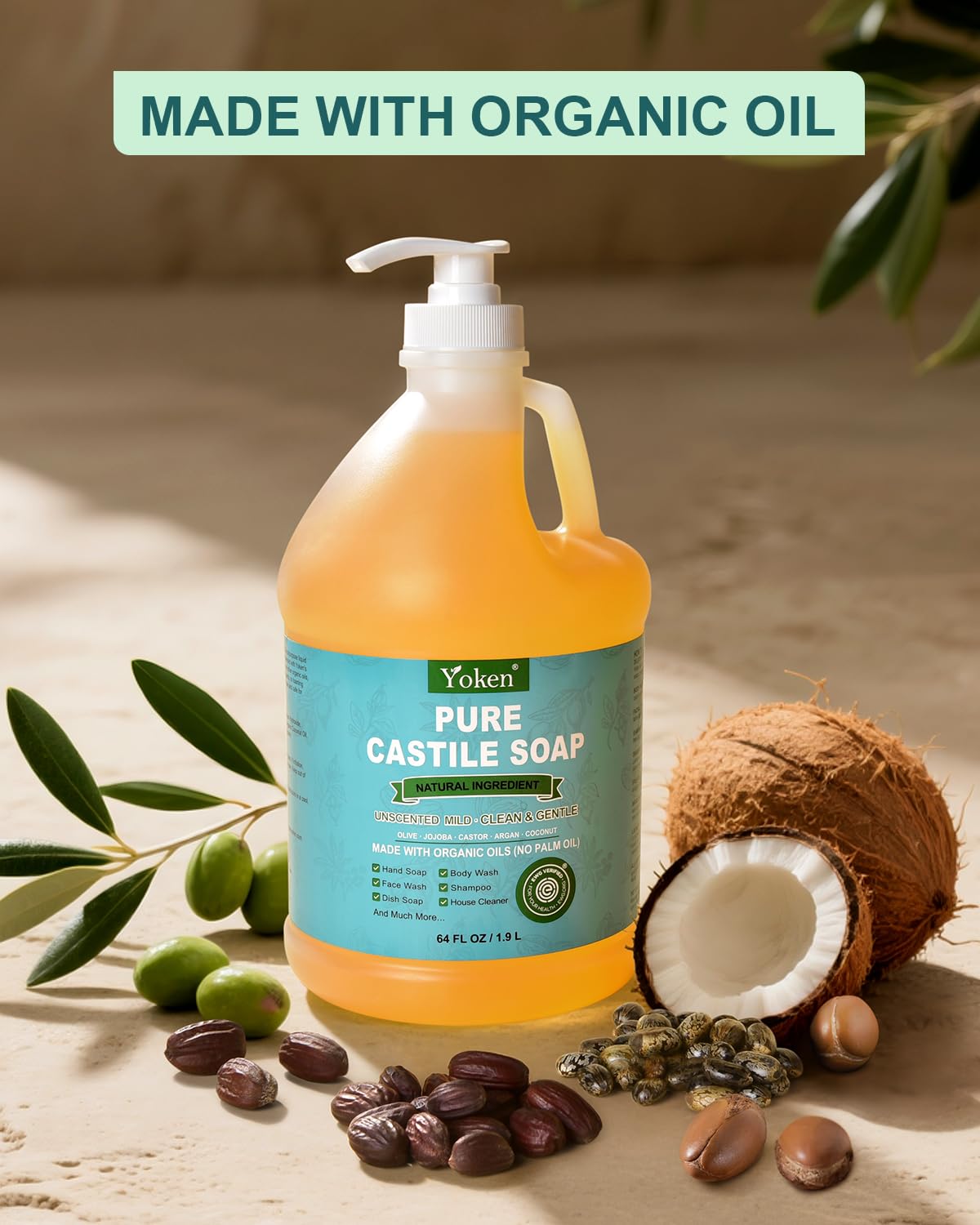 EWG Verified Organic Castile Soap Liquid (Unscented, 64 oz) Pure Castile Liquid Soap Made With Organic Oil, Clean & Gentle, Natural Castor Oil Soaps for Body & Face Wash, Hands, Dishes, Laundry
