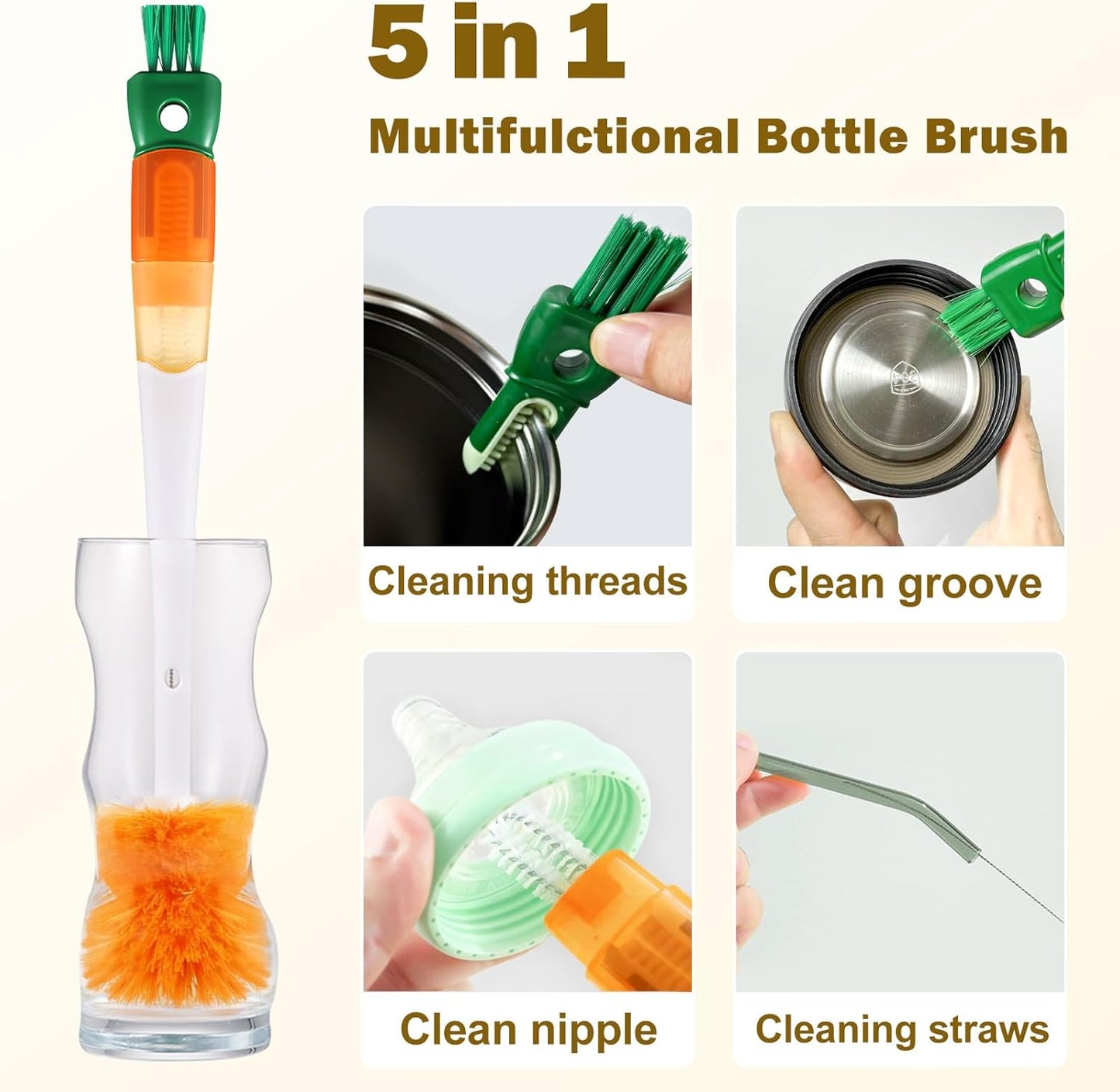 XYFuuee 5 Pack Dish Bottle Brush Set with 5-in-1 Cup Cleaning Brush, Dish Scrub Long Handle Brush with Scraper Tip, 3 Straw Cleaner Brushes, Washing Kitchen Sink Pot Pan Water Bottle Stove