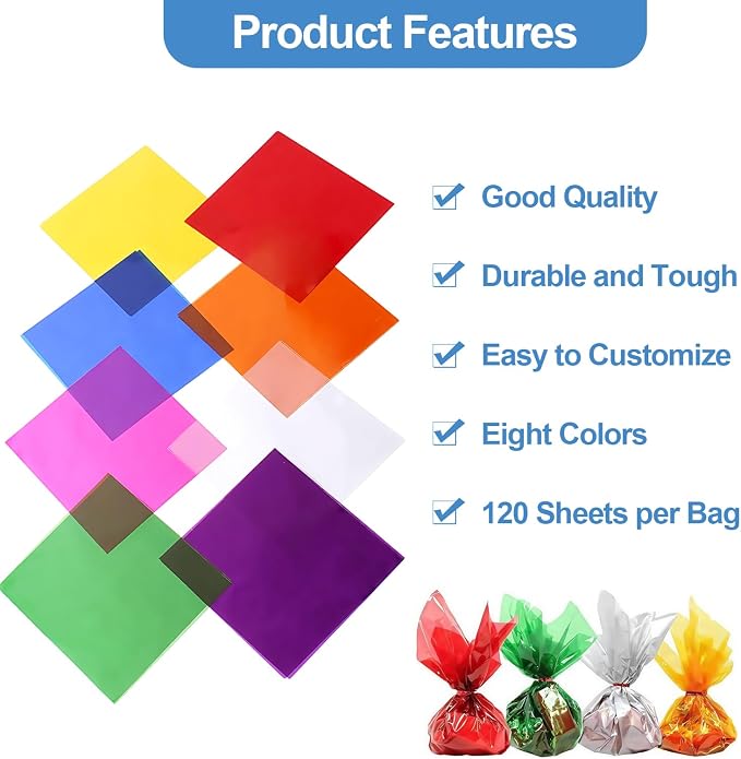 120 Pcs Colored Cellophane Sheets, Cellophane Wrap Paper Color Cello Sheets