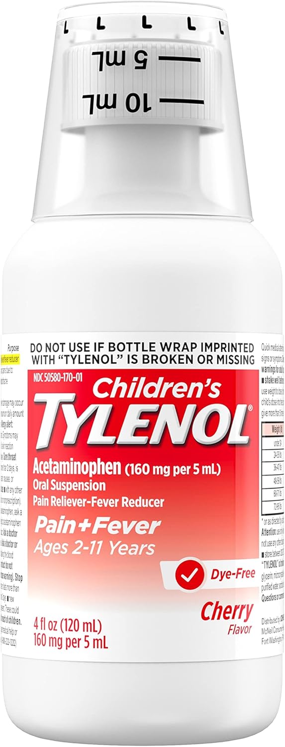 Children's Tylenol Liquid Oral Suspension Pain Reliever & Fever Reducer with Acetaminophen, Aspirin-, Ibuprofen-, High Fructose Corn Syrup- & Dye-Free, Cherry, 4 Fl. Oz