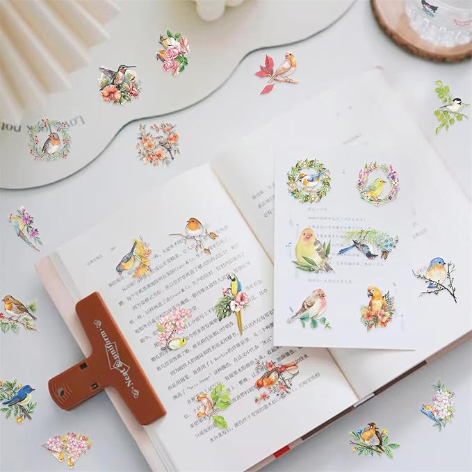 50PCS Flower and Bird Stickers PET Transparent Stickers Nature Watercolor Birds