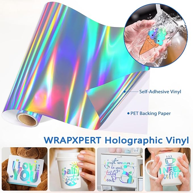 WRAPXPERT Holographic Vinyl, Rainbow Silver Adhesvie Roll