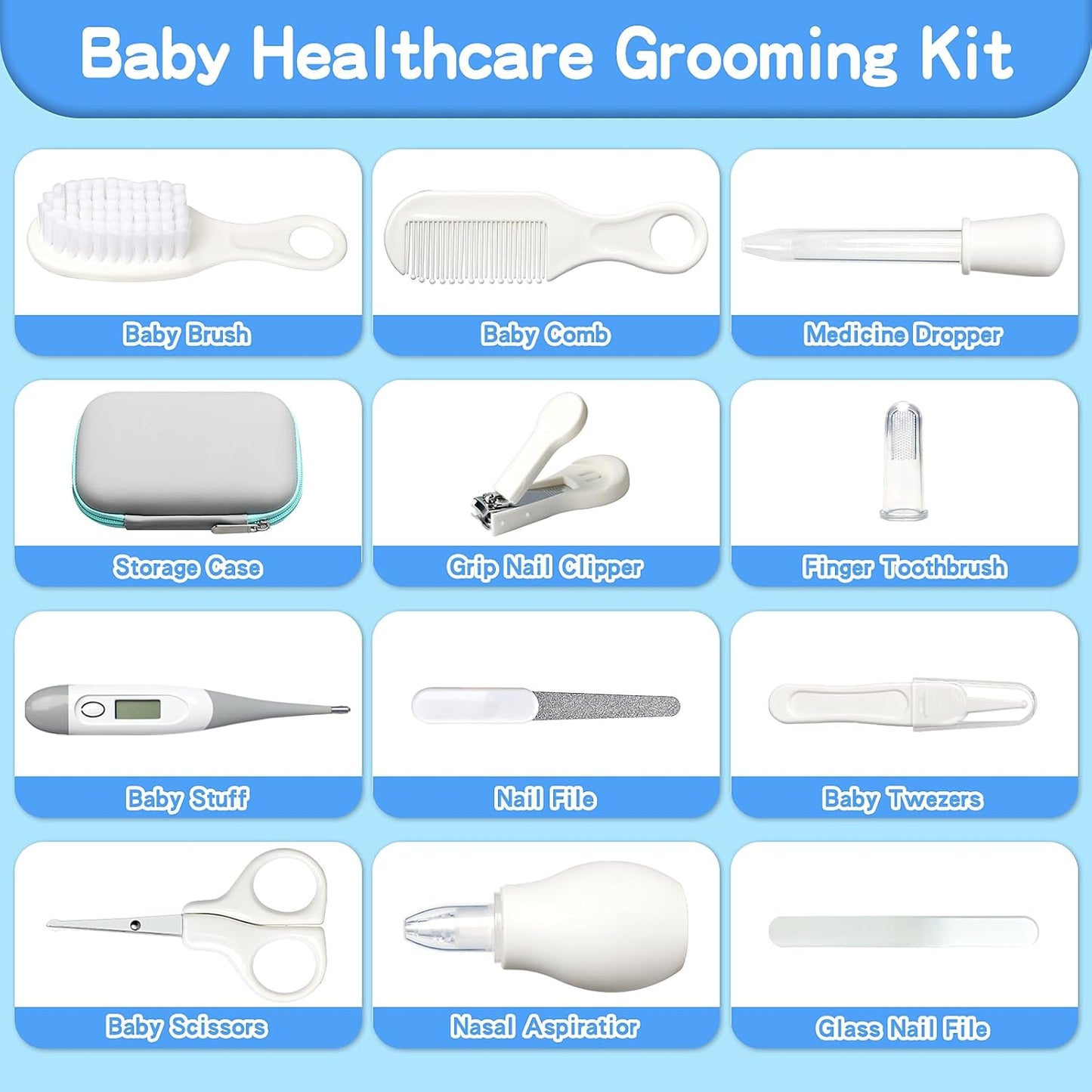 Baby Healthcare and Grooming Kit, Baby Safety Care Set, Baby Electric Nail Trimmer Set Newborn Nursery Health Care Set for Newborn Infant Toddlers Baby Boys Girls Kids (Grey White-18 Kits)