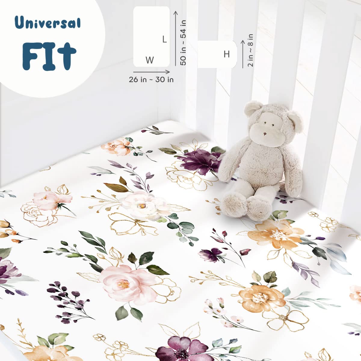 GRSSDER Stretchy Ultra Soft Jersey Knit Fitted Pack n Play Sheets Set 2 Pack,Fits Portable Playard/Mini Cribs Mattress Snug and Safe,Watercolor Purple Flora for Baby