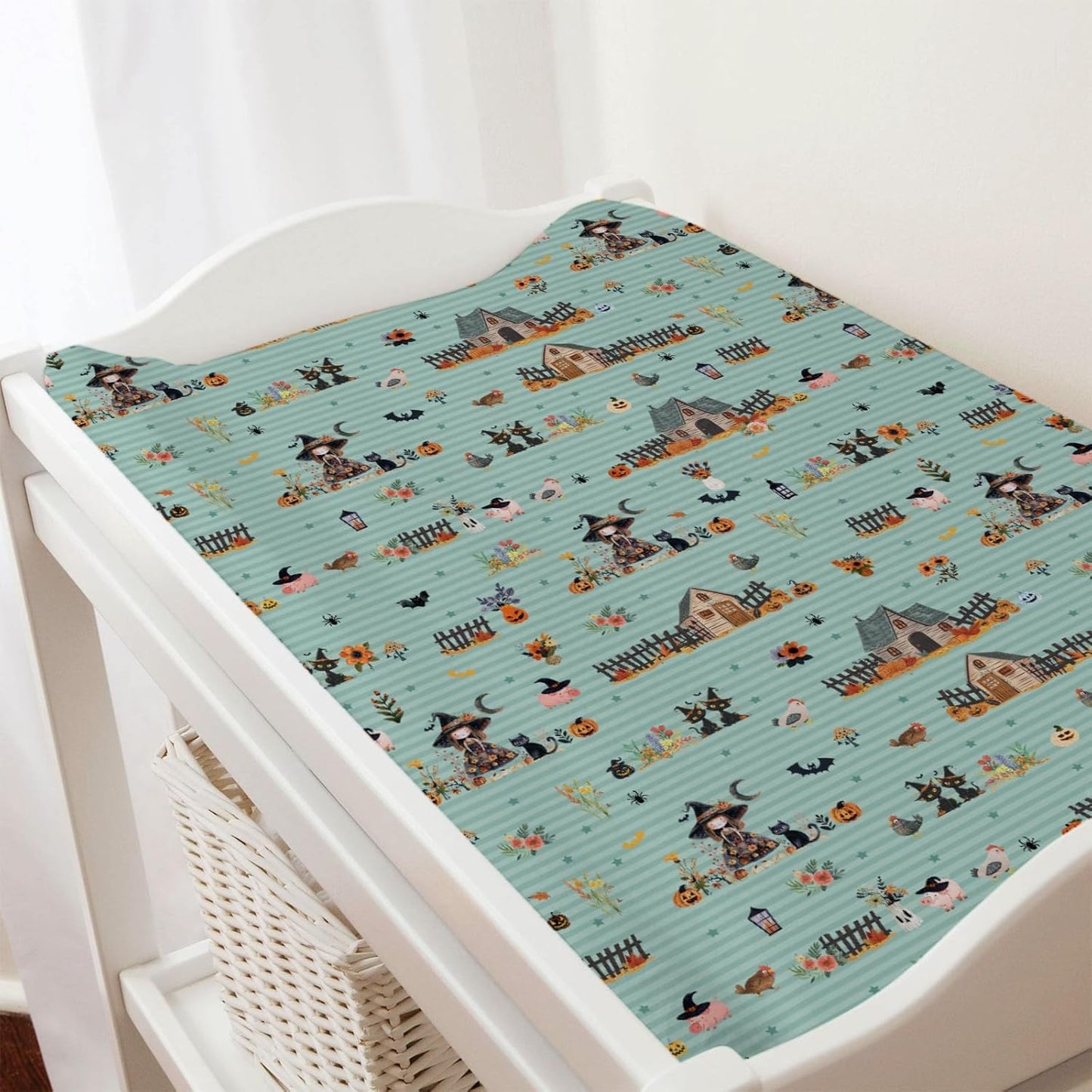 Fall Farm Witch Cats Baby Changing Pad Cover Halloween Farmhouse Pig Hen Bat Moon Pumpkins Floral Nursery Diaper Changing Table Sheets for Boy Girl Soft Stretch Changing Pad Table Mats 32''x16''