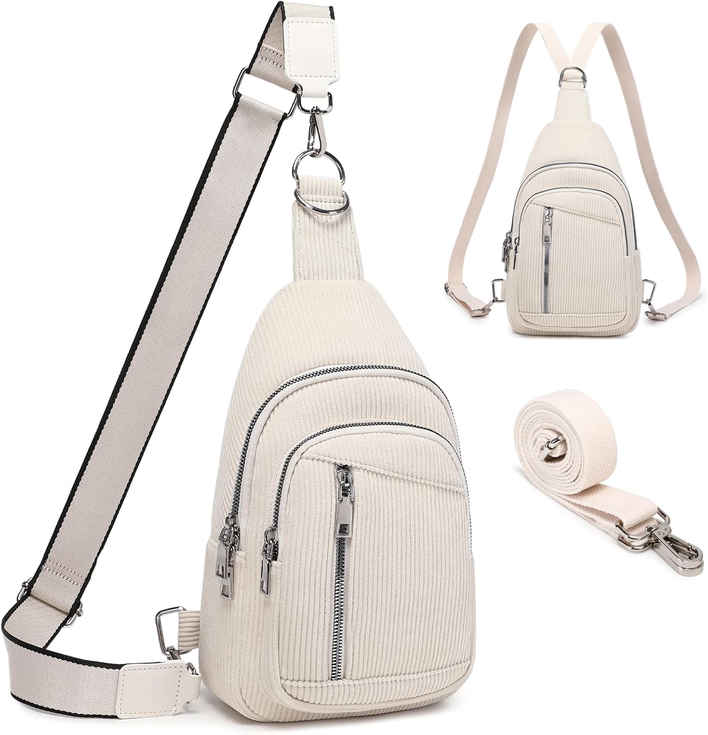 Sling Bag Crossbody Backpack - 2 in 1 Leather Cross Body Bag Fanny Pack with 2 Removable Straps