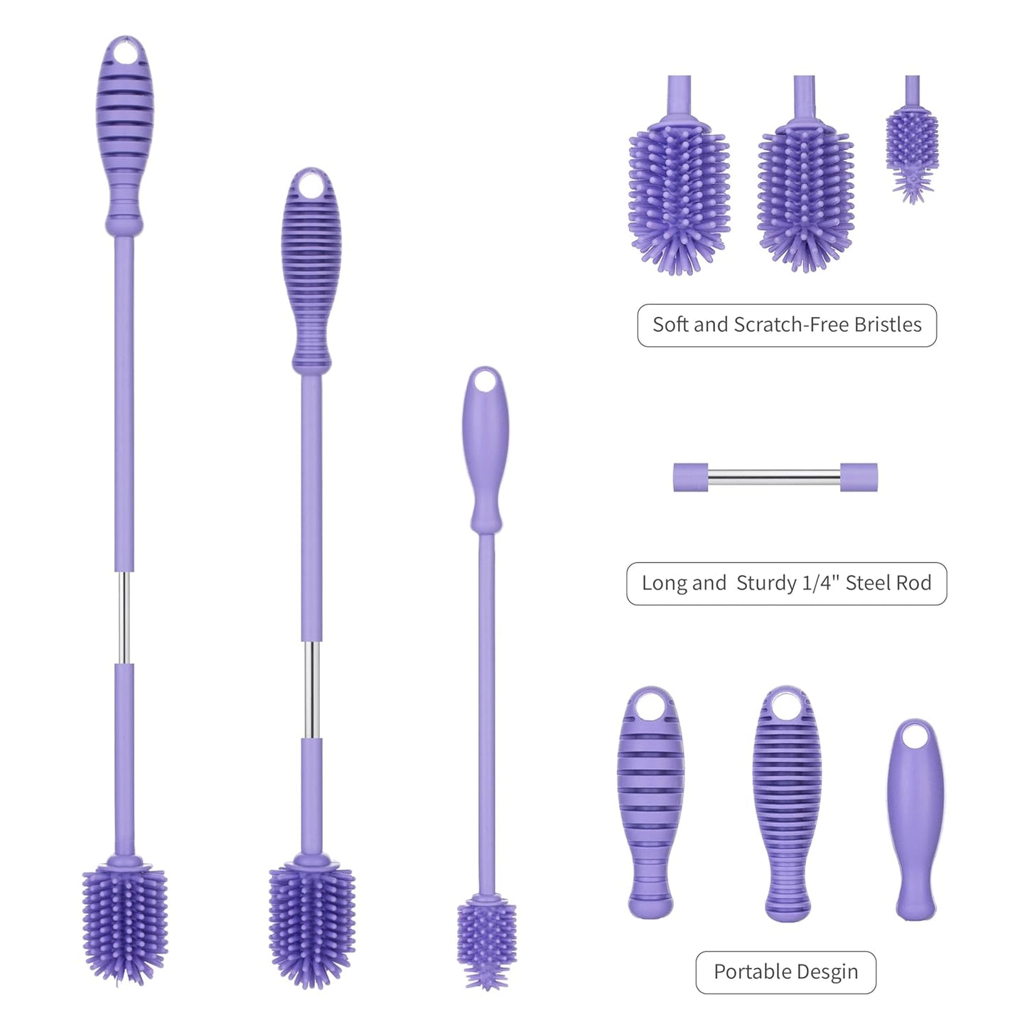A-Brush Silicone Bottle Cleaner Brush, 3 Piece Set, Flexible, Long Handle - Water Bottle Cleaner, Baby Bottle Nipple Brush for Plastic & Glass, BPA-Free Dish Washing Brush A2S Protection