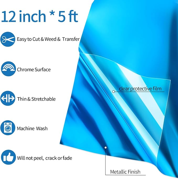 VINYL FROG Blue Metallic Foil Heat Transfer Vinyl 12" x5ft Blue HTV Vinyl Roll