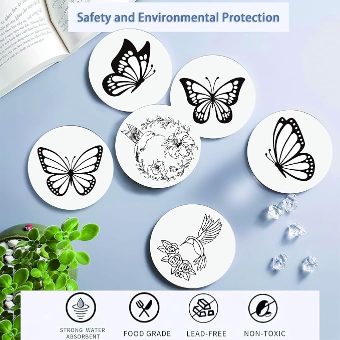 6 Absorbent Ceramic Tiles with Cork Base, Paint Your Own Butterfly Coaster |