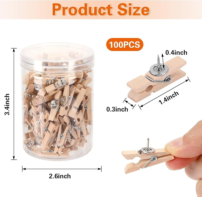 SANNIX 100Pcs Wooden Push Pin Clips, Decorative Clips