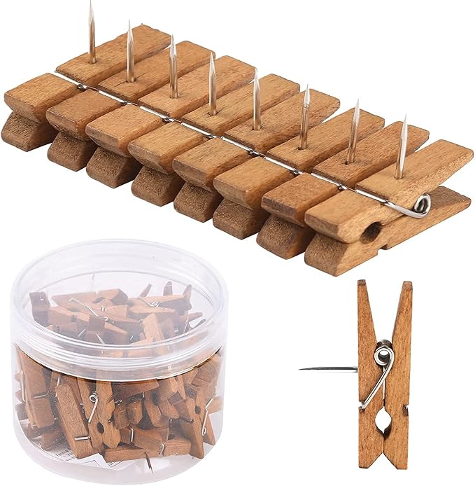 50 PCS Push Pin with Wooden Clips, Durable Wooden Push Pins, Decorative