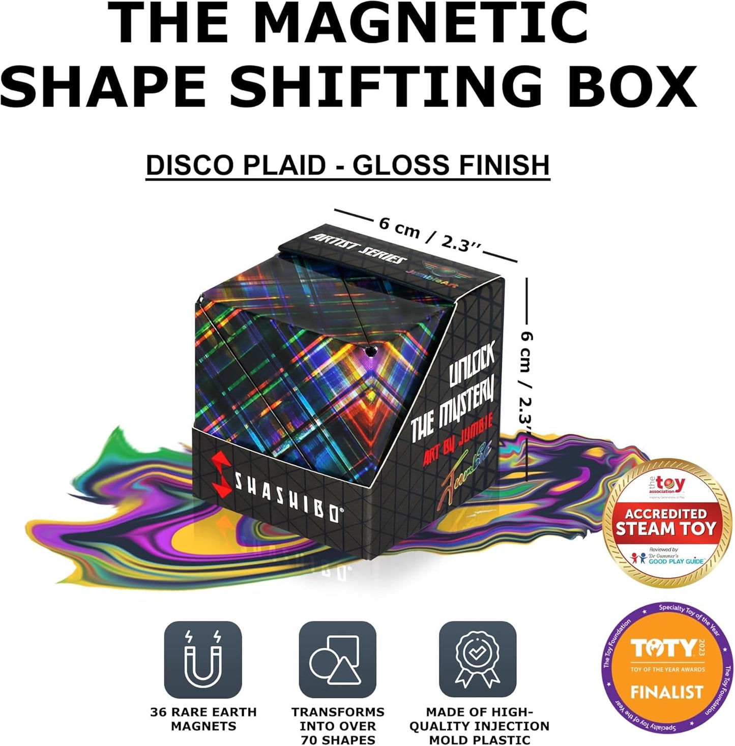 SHASHIBO Shape Shifting Box - Award-Winning Fidget Toy w/ 36 Rare Earth Magnets - Fidget Cube Transforms Into Over 70 Shapes, Sensory Toy Gift for Kids, Teens, and Adults (Disco Plaid)
