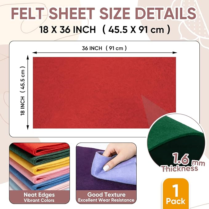 Soft Felt Fabric Sheet 18" x 36", 1.6mm Acrylic Craft Felt, Large Precut Sheet