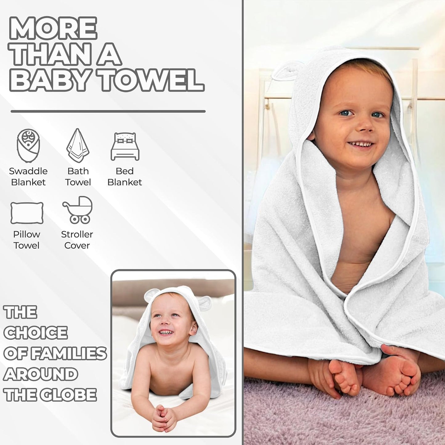 Organic Cotton Toddler Towel Poncho - Ultra-Soft for Boys & Girls 0-5T, Bath Towel with Bear Ears, Absorbent & Premium (White)