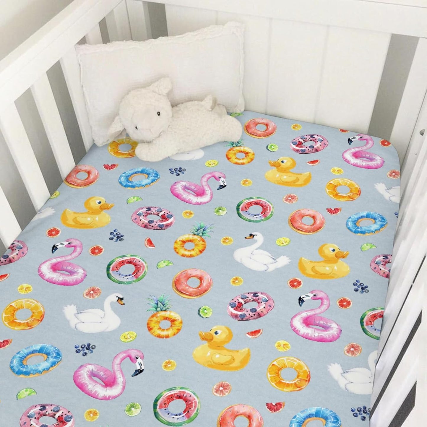 Summer Pool Floats Baby Crib Sheet 52''x28'' Tropical Flamingo Duck Watermelon Pineapple Stretchy Fitted Crib Mattress Cover for Boy Girl Soft Baby Bed Sheet for Standard Crib and Toddler Mattress
