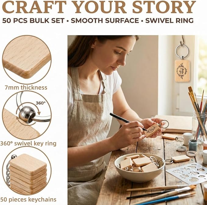WRINGKIT 50 Pieces Wood Keychain Blank, Unfinished Laser Engraving Blanks
