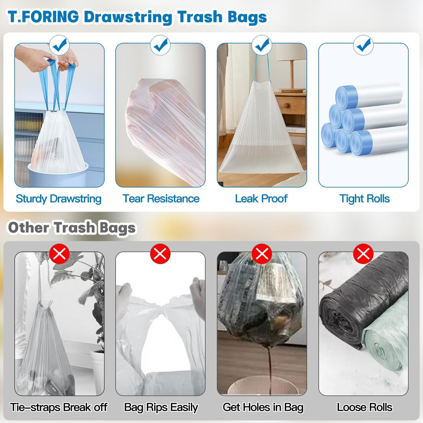 8 Gallon Trash Bags Drawstring 1.2 Mil - 100 Count White Medium Garbage Bags Unscented, 30 Liter Thick Plastic Trash Can Liners for Home Kitchen Bathroom