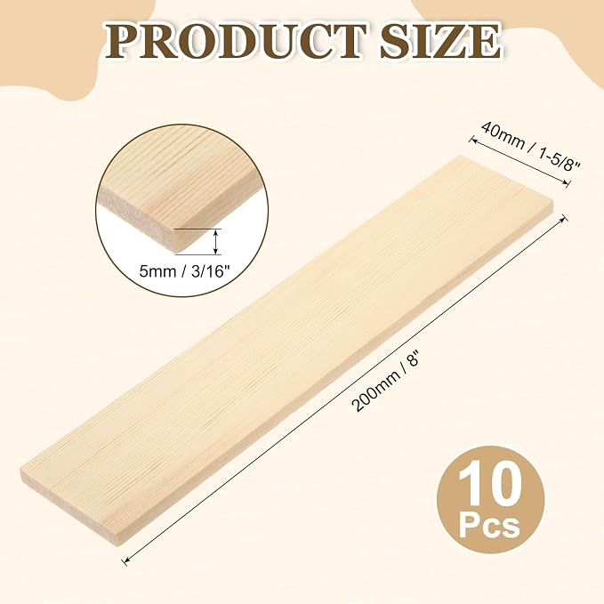 MECCANIXITY 10Pcs Wood Strips Slats, 3/16" x 1‑5/8" x 8" Thin Wood Sticks Flat