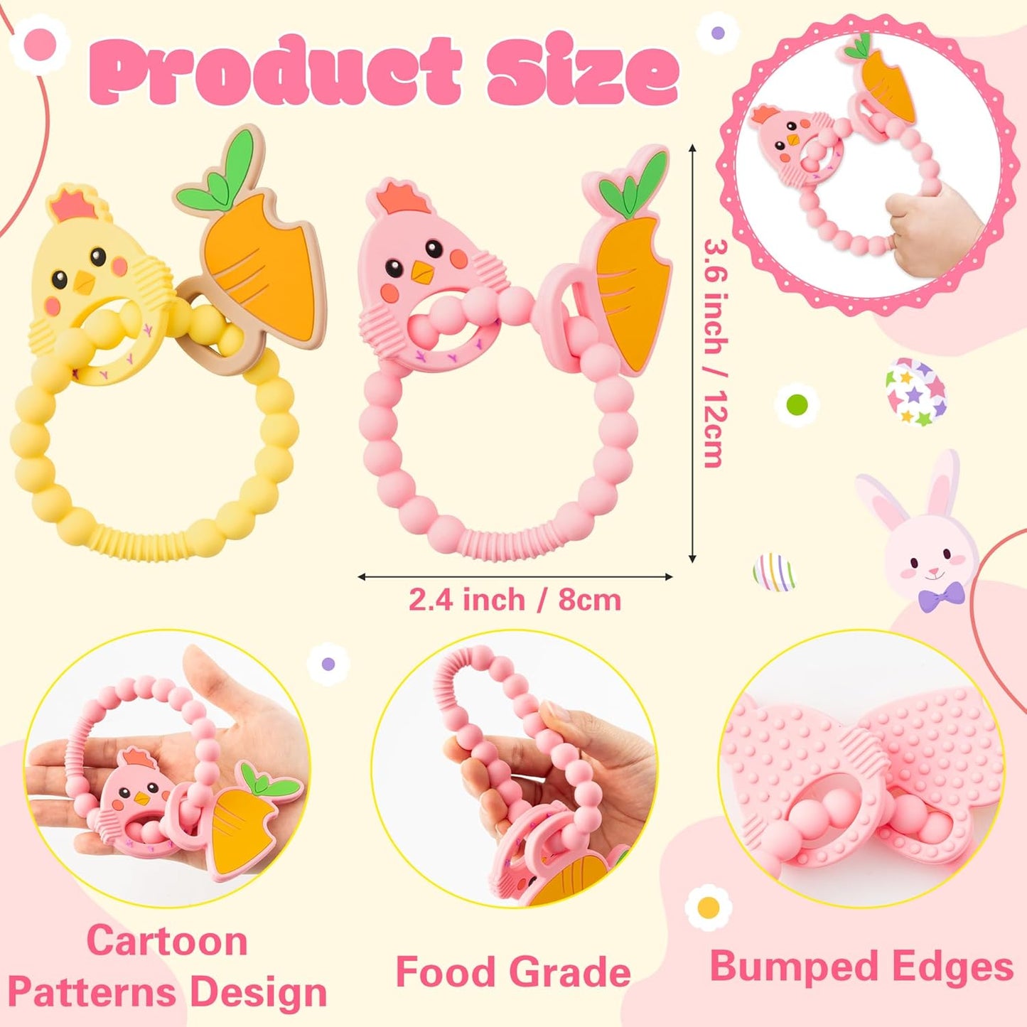 Silicone Teether Toys for Babies - 2ooya 2Pcs Pink Yellow Carrot Chick Teething Ring Infant Soft Teethers, Toddler Teething Chew Toys for Newborn Boy and Girl Baby Shower Birthday Gifts