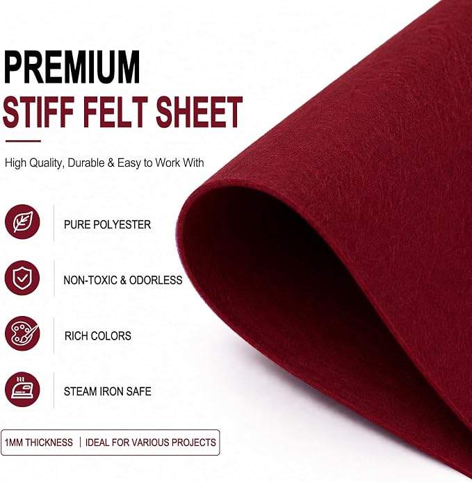 Wine Red Large Felt Fabric 36" x 36", 1mm Stiff Felt Sheet, Nonwoven Fabric
