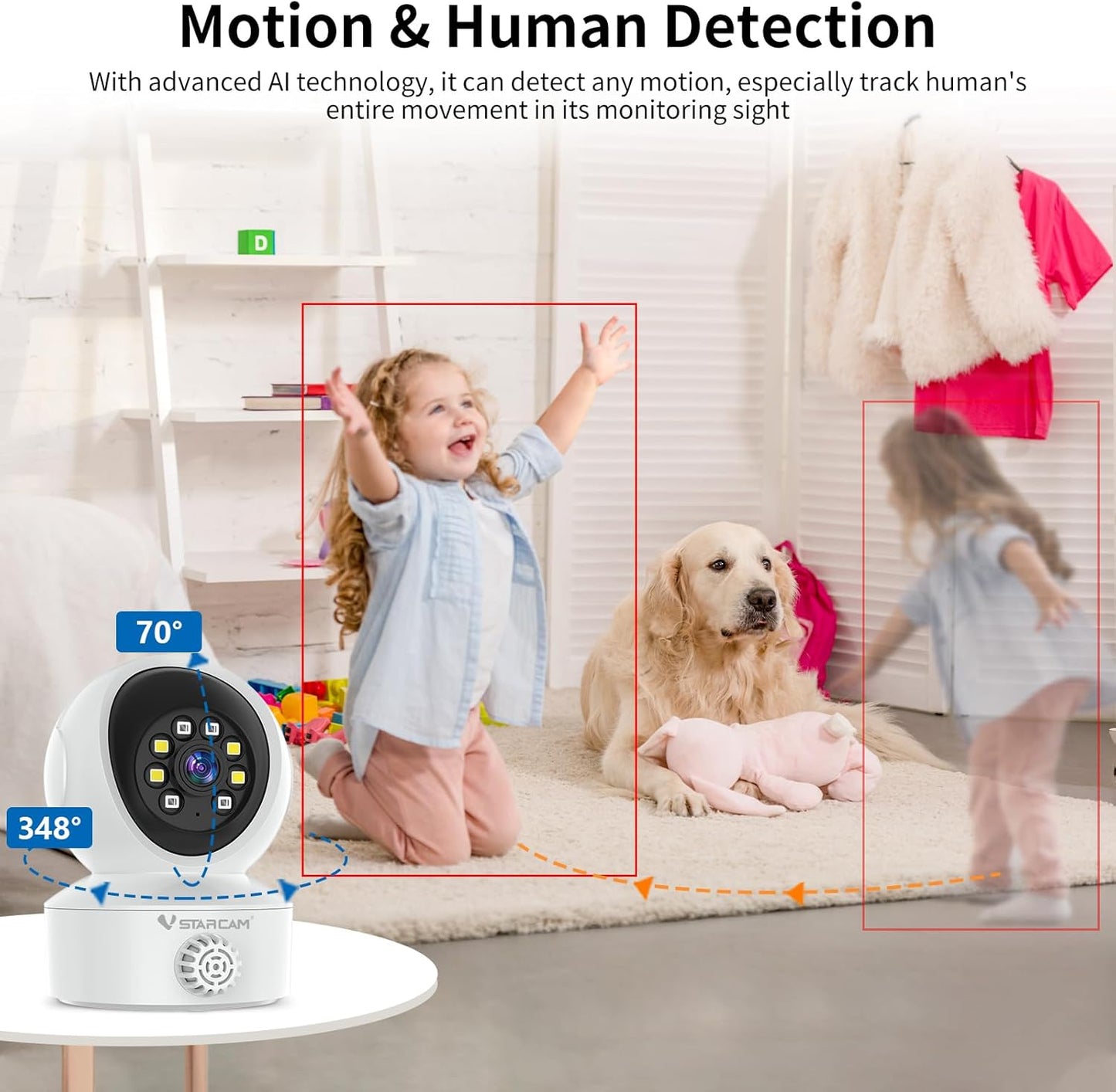 VSTARCAM 2K Indoor Security Camera with Smoke Detection, Pet Camera, 360° View, Motion Detection, IR Night Vision, 2-Way Audio, 2.4G WiFi, Home Indoor Camera with Phone APP, Cloud Storage