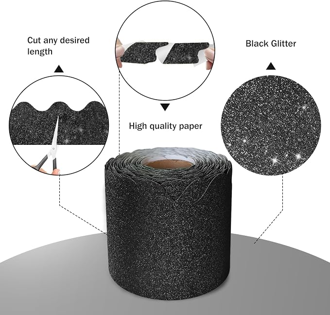 70Ft Shine Black Bulletin Board Borders，Scalloped Poster Boards Decorations Trim