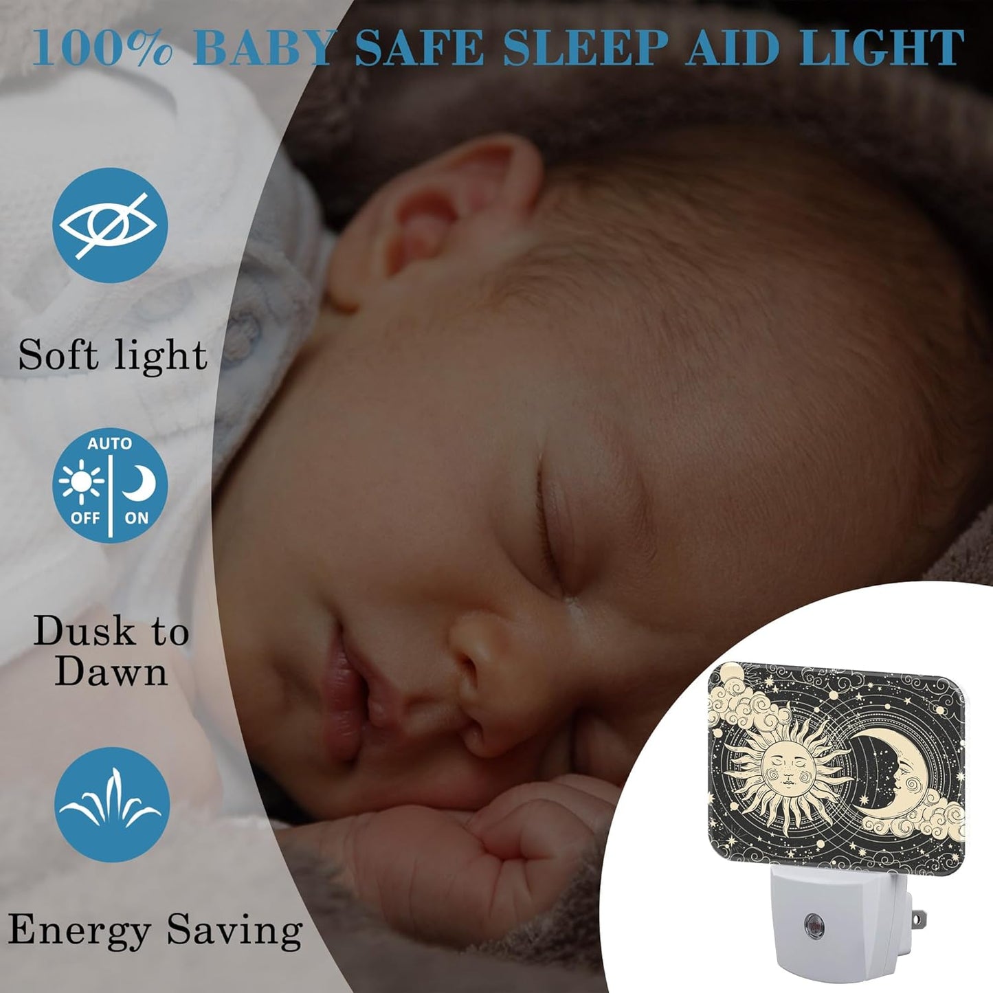 Sun and Moon with Faces Plug in Night Lights, Astrology Nightlight Plug Into Wall Dusk to Dawn Sensor for Kid Girls Boys Women Men Room, Hallway, Kitchen, Bathroom, Stairs Decor