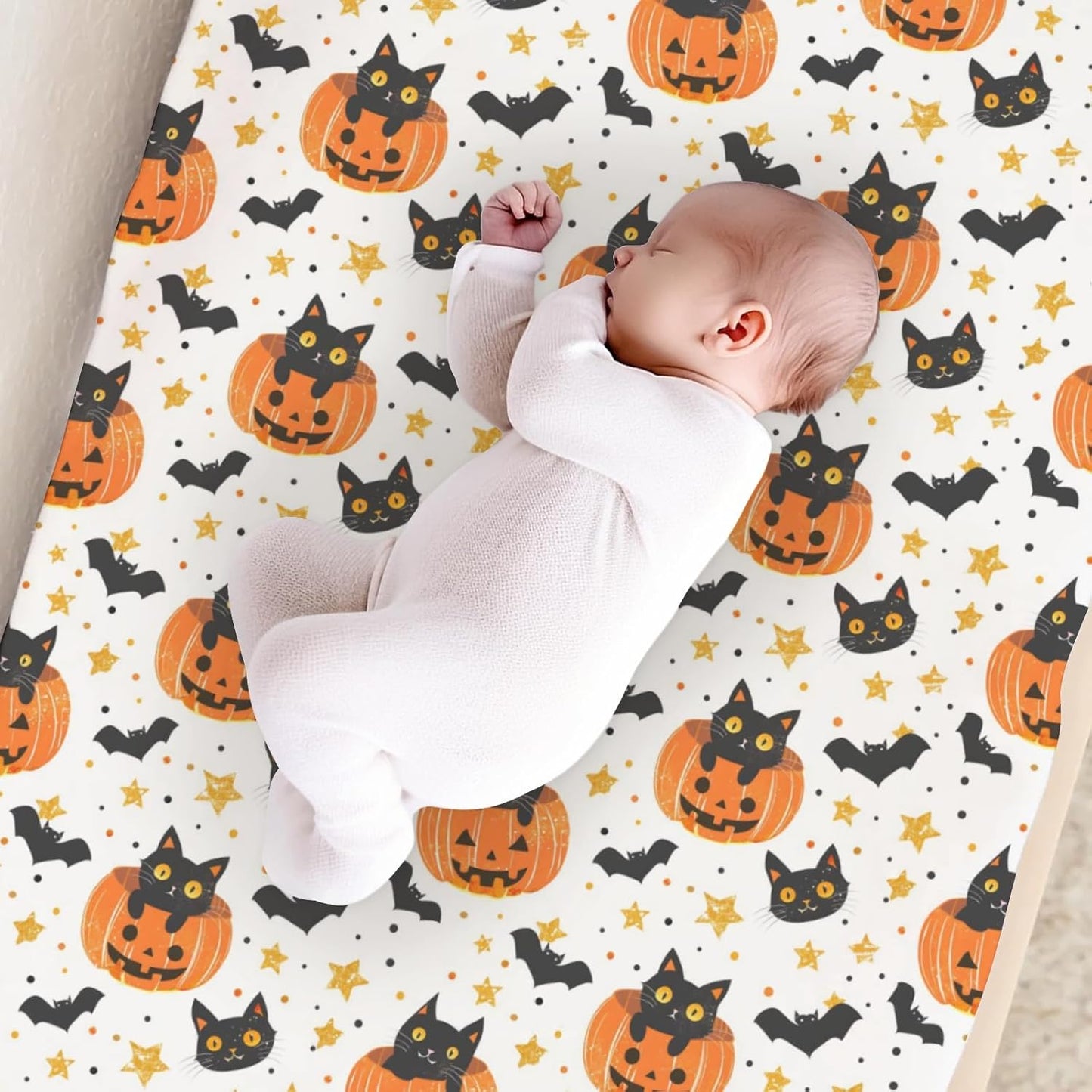 Cute Halloween Pumpkin Cat Bats Stars Pattern Baby Changing Pad Cover, Unisex Fall Winter Holiday Nursery Diaper Changing Table Pad Mat Sheet for Boys Girls-16x32