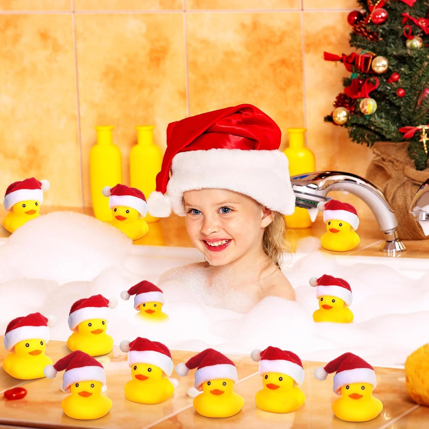 Liliful 96 Pcs Christmas Rubber Ducks with Hat Xmas Mini Rubber Ducks in Bulk Holiday Party Favors Bath Toys for Christmas Party Decor Gift (Santa Hat)
