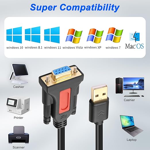 XMSJSIY USB to RS232 DB9 Serial Adapter Cable USB A Male to D-SUB 9-Pin Female Converter Cord with Gold Plated Support Winows11/10/8.1/8/7 Vista/XP and Mac OS -1.5M/4.29FT