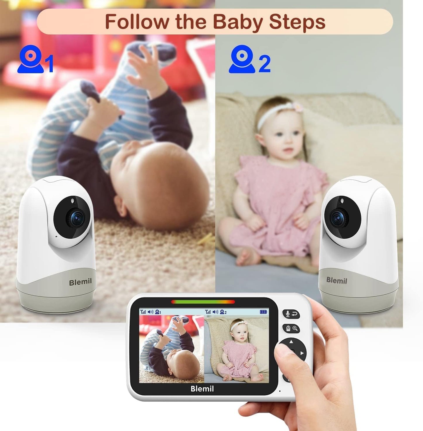 Blemil Upgrade Baby Monitor with 30-Hour Battery, 5" Large Split-Screen Video Baby Monitor with 2 Cameras and Audio, Remote Pan/Tilt/Zoom, Two-Way Talk, Room Temperature, Night Vision, 1000ft Range