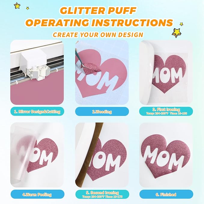 Glitter Puff Heat Transfer Vinyl, 12in X 5ft Iron on Vinyl | 3D Puff, Wash No