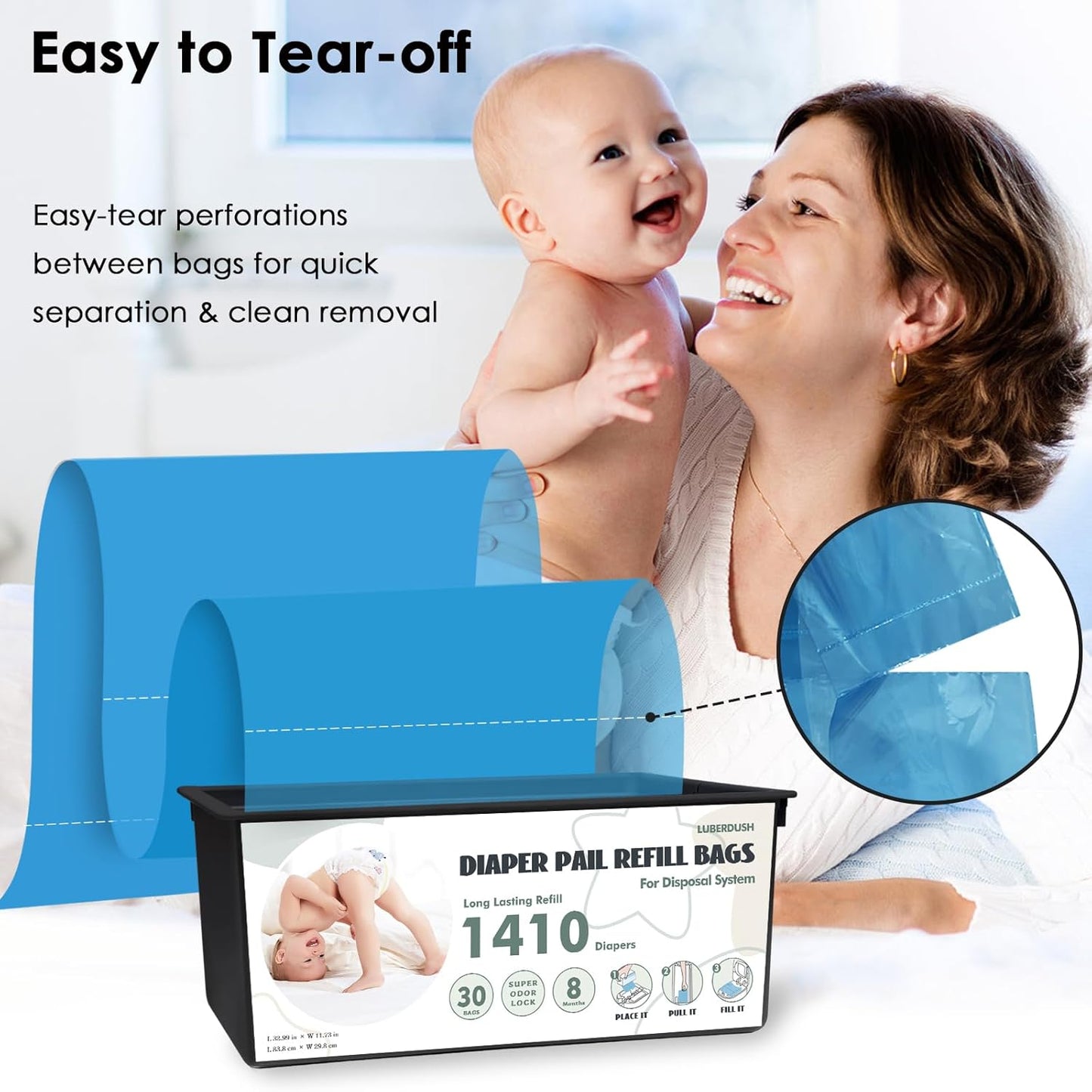 Diaper Pail Refill Bags - Compatible with Genie Easy Roll Signature & Platinum Pails | Each 30 Bags Holds Up to 1410 Newborn Diapers | 7-Layer OdorLock Technology | 3 Pack(90 Bags)