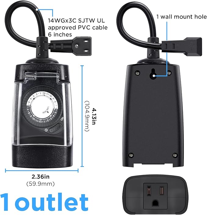 G-ELEK Outdoor Timer Outlet Waterproof, 24 Hour Outdoor Light Timer, Timers for Electrical Outlets, Ideal for Pool Pump, Christmas Lights, Heavy Duty, 1 Grounded, CSA Listed, 2 Pack