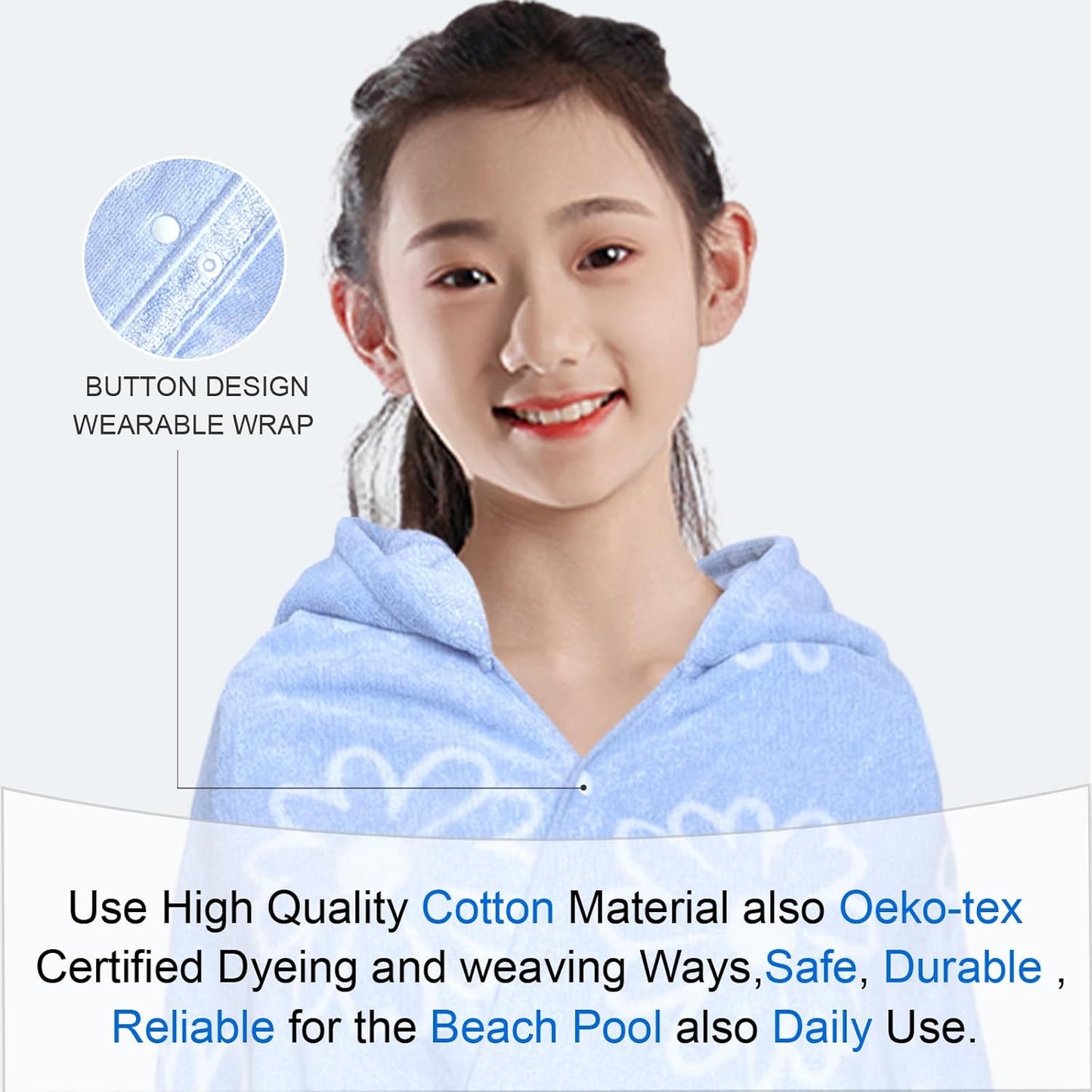 VOOVA & MOVAS Hooded Bath Towels for Teens/Big Kids (8-14 Years) | Soft Absorbent 100% Cotton Thick Towel Wrap | Versatile Beach, Pool, Swim & Bath Cover-Up | Jacquard Blue Daisy