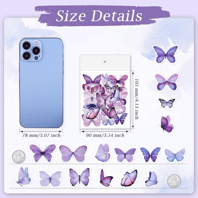 Imeepa 40Pcs Purple Butterfly Stickers Transparent Scrapbooking Stickers | PET