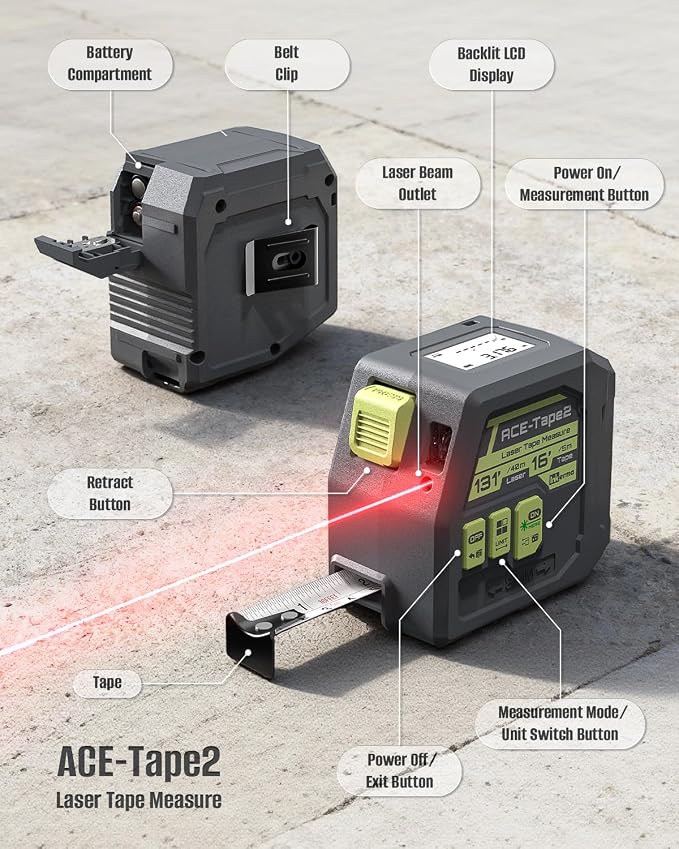 Laser Tape Measure 2-in-1, Inkerma 130Ft Laser Measurement Tool & 16Ft